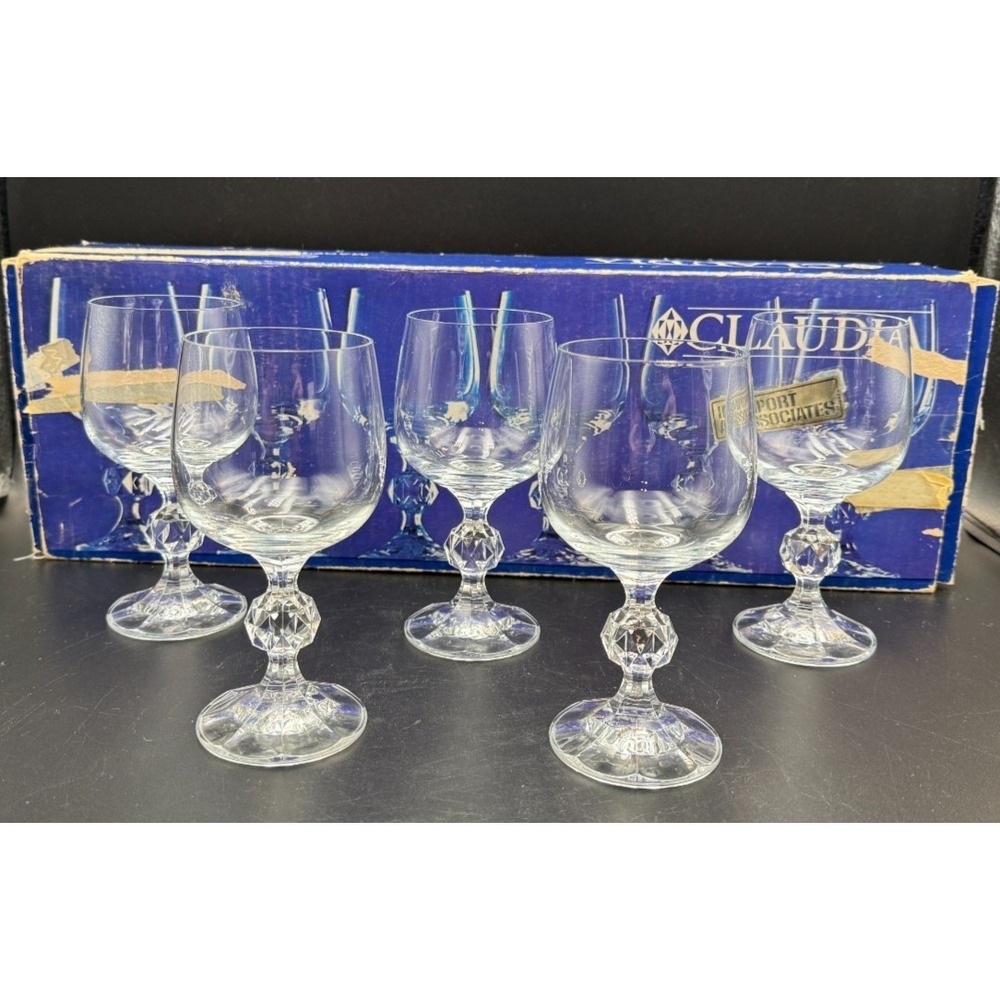 Vtg. Bohemia Crystal Claudia Prism Ball Stem Wine Glasses Set Of 5 - Elegant